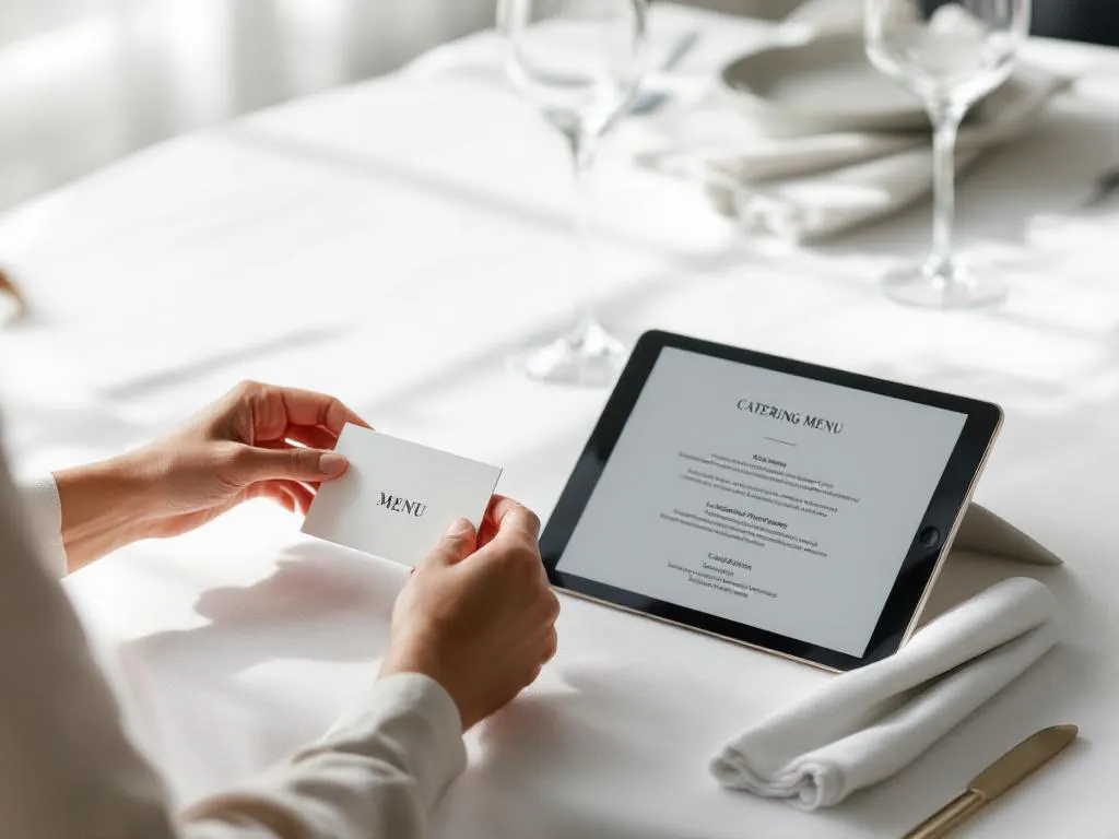 Professional event planner arranging elegant place cards on white tablecloth with tablet, wine glasses, and linen napkins