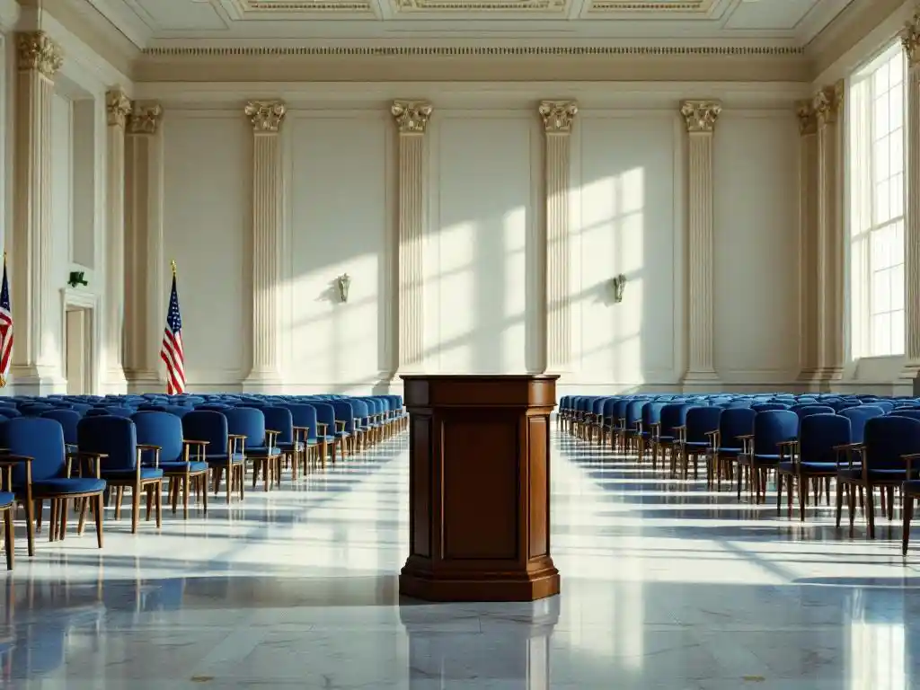 Wooden podium at center of government conference room with rows of empty navy chairs and American flag in corner