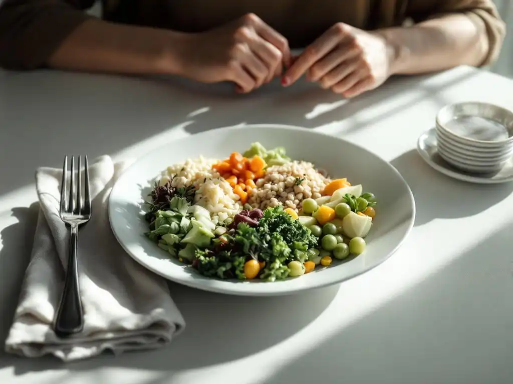 White ceramic dinner plate with small portions of vegetables, grains, and protein on minimalist dining table in natural light.