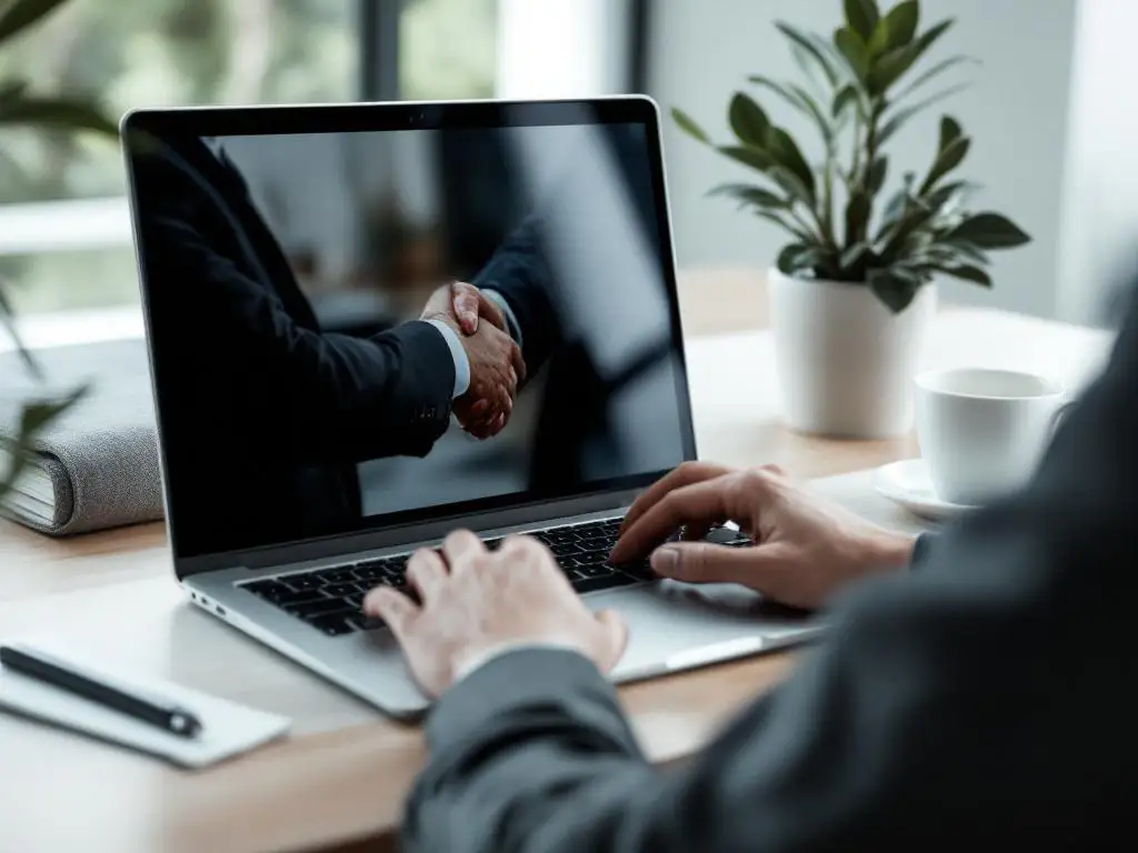 Business professionals shaking hands on laptop screen showing hotel booking interface at modern office desk with plant
