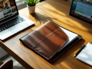 Leather portfolio folder with hotel booking documents on wooden desk beside laptop displaying booking interface and notepad