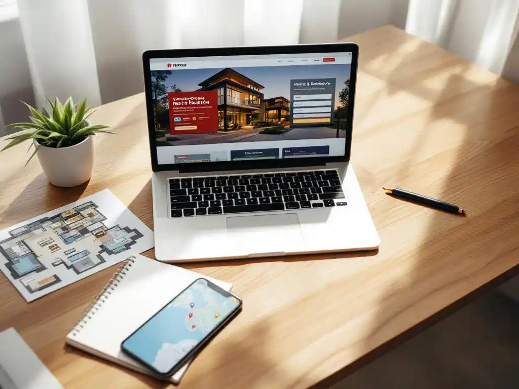 Open laptop displaying hotel booking website on wooden desk with venue floor plan, smartphone with map, and notepad nearby