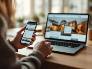 Hands holding smartphone with hotel booking app interface, laptop displaying hotel website on wooden desk in background