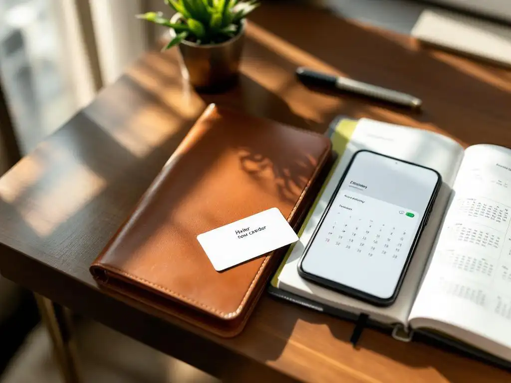 Hotel room key card on wooden desk beside open planner and smartphone showing booking confirmation in natural light