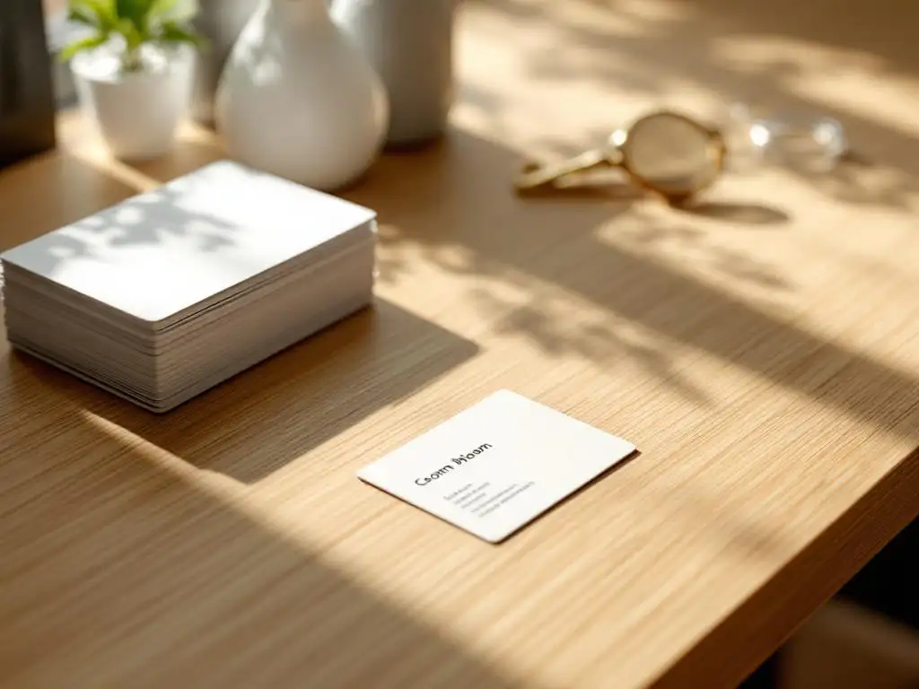 Hotel room key card on wooden reception desk with conference name badges in natural lighting