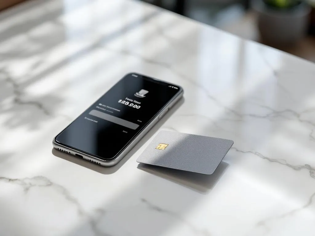 Hotel key card on white marble reception desk beside smartphone showing booking confirmation screen