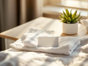 Hotel room key card on white towel next to small succulent plant on wooden nightstand with warm natural lighting.
