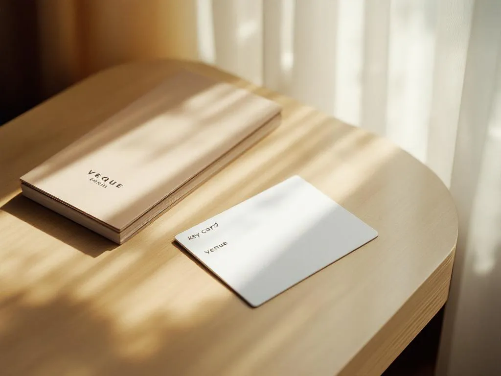Hotel room key card on wooden desk with venue brochures, soft natural light creating gentle shadows