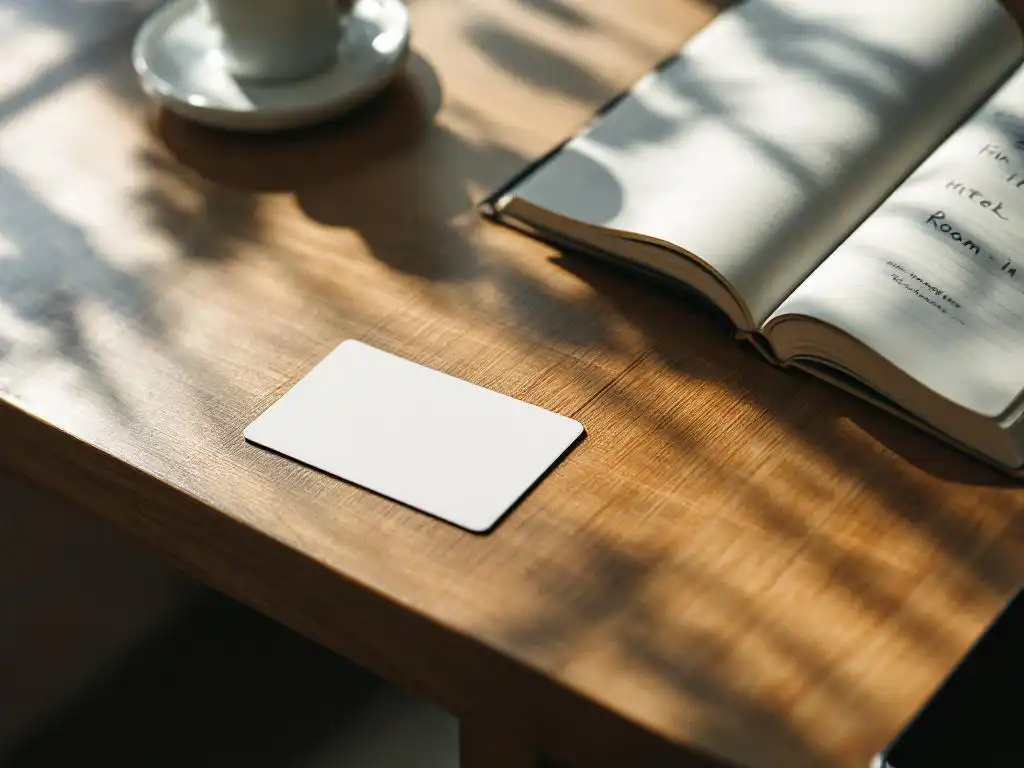 Hotel room key card on wooden desk beside open notebook and smartphone showing city map in natural window light