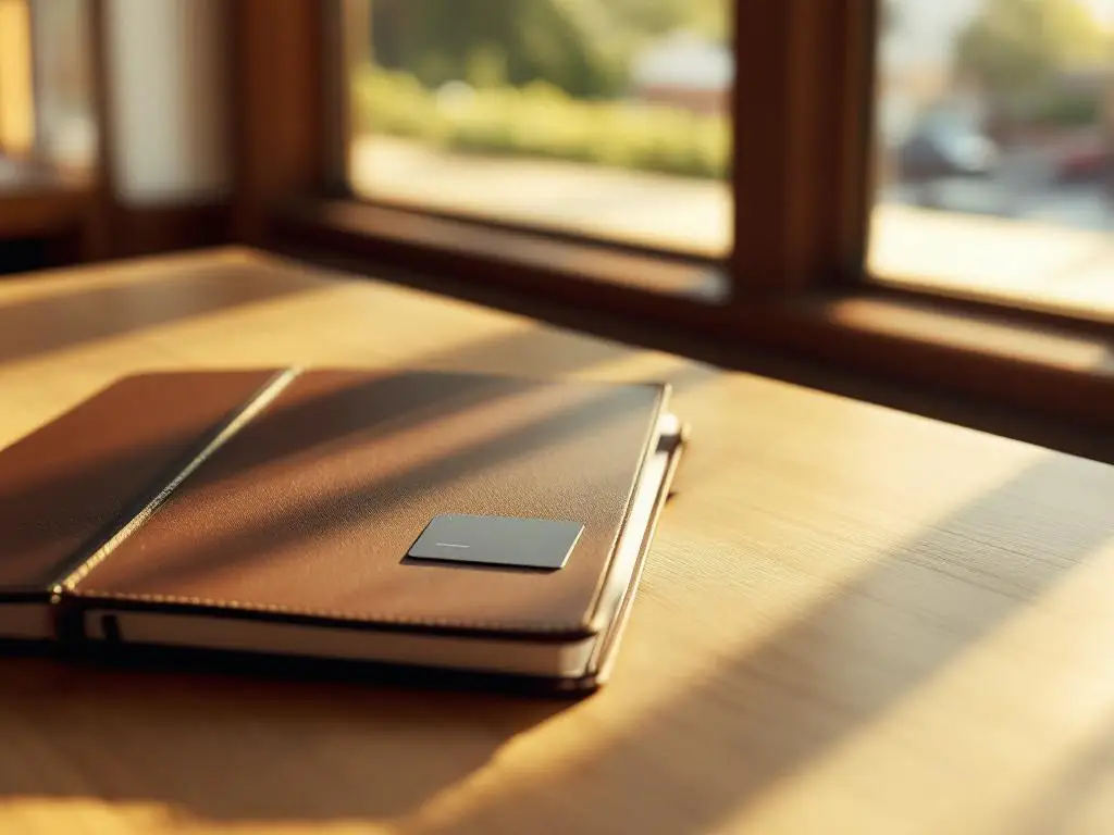 Modern hotel key card on wooden reception desk beside open guest registry with soft natural lighting