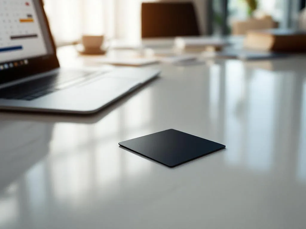 Hotel keycard on conference table next to laptop with calendar, business cards, and coffee cup in naturally lit workspace