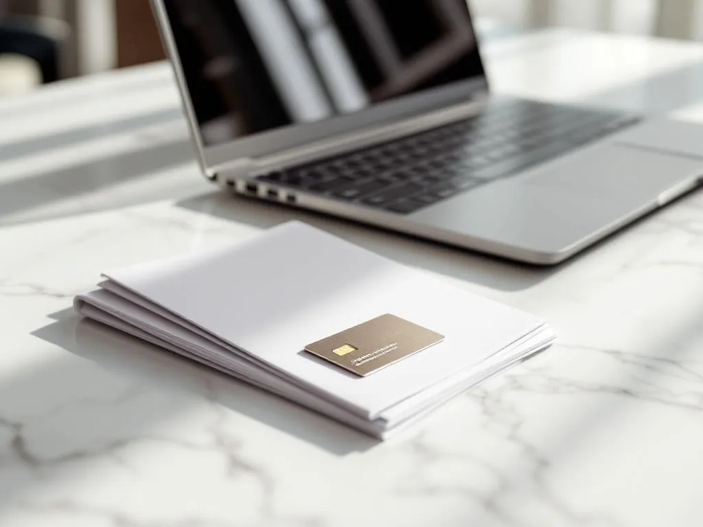 Hotel keycard on folded conference brochures next to laptop on white marble reception desk with natural lighting