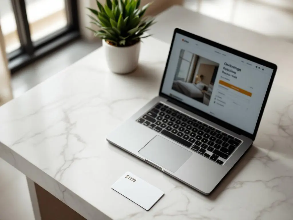 Hotel room keycard on marble reception desk with laptop showing booking interface and office accessories