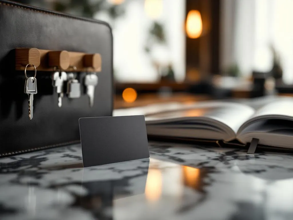Hotel keycard on marble reception desk next to open guest registry with room keys hanging in background