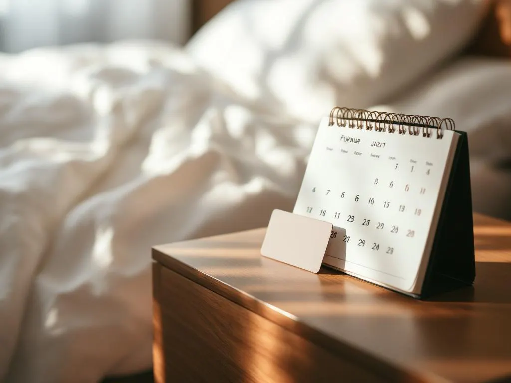 Hotel room keycard on wooden nightstand beside open calendar with soft natural light and white bedding in background.