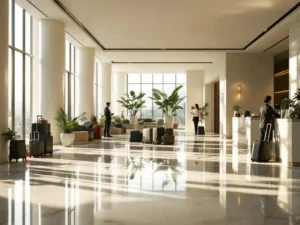 Hotel lobby with business travelers checking in at reception desk, luggage nearby, marble floors and natural lighting.