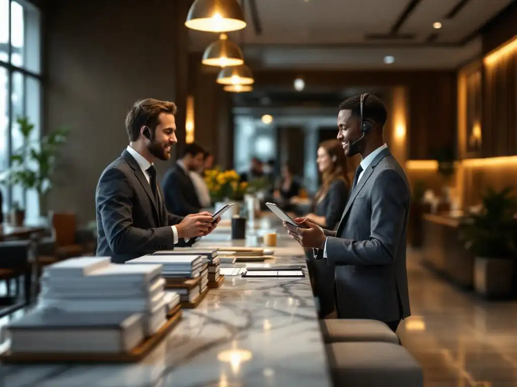 Professional hotel concierge with headset and tablet at modern marble reception desk with guests waiting in lobby