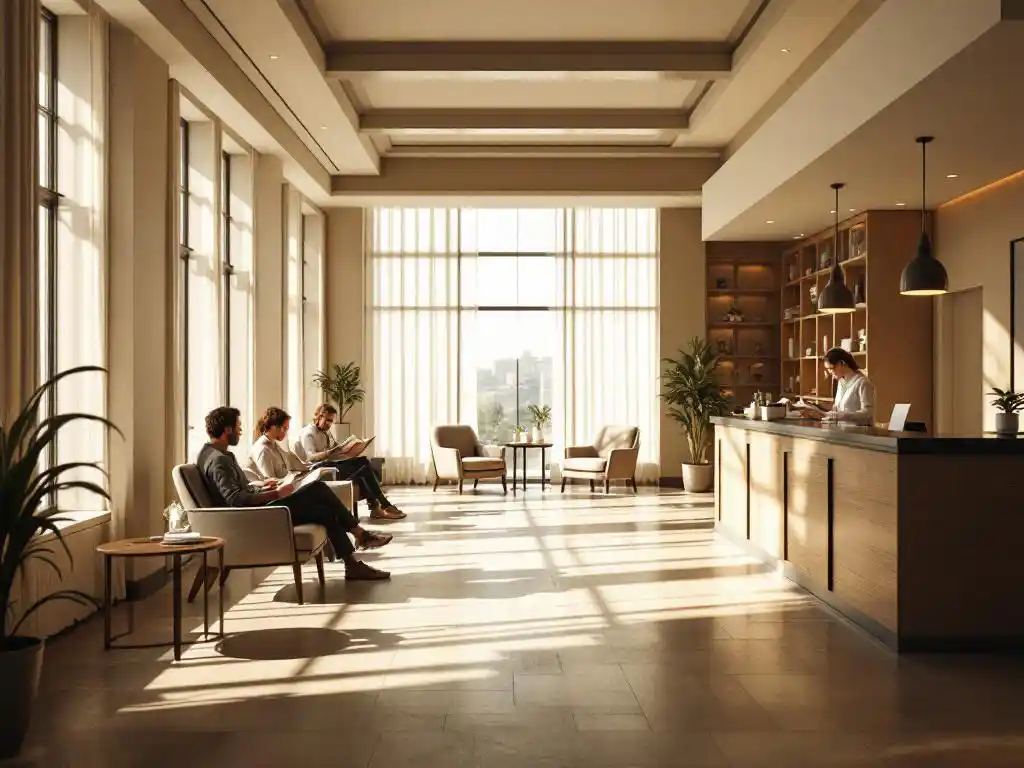Hotel lobby with guests reading in armchairs, natural light through windows, reception desk with staff member organizing papers