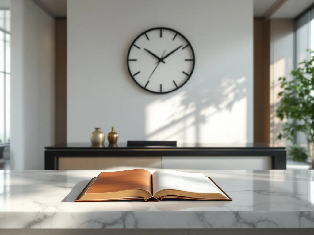 Modern hotel lobby reception desk with marble counter, open event schedule book, and wall clock showing 3 PM above