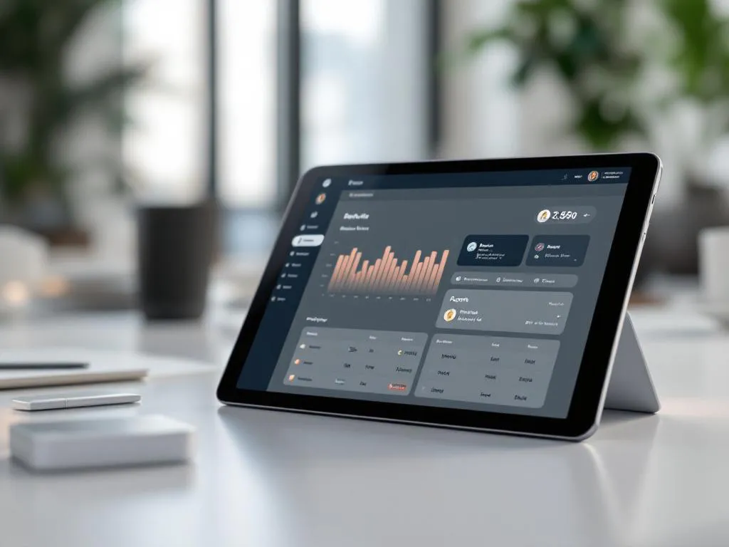 Modern tablet displaying hotel management dashboard on white desk with room key cards in minimalist office setting
