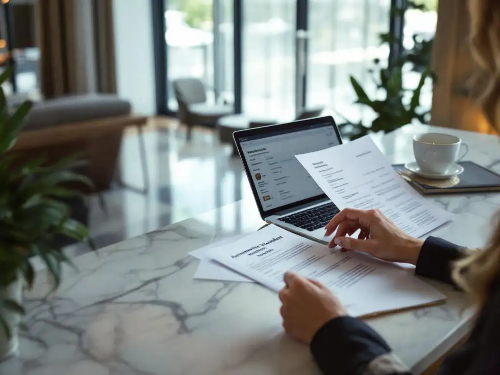 Professional woman reviewing hotel partnership documents at modern reception desk with laptop and booking details