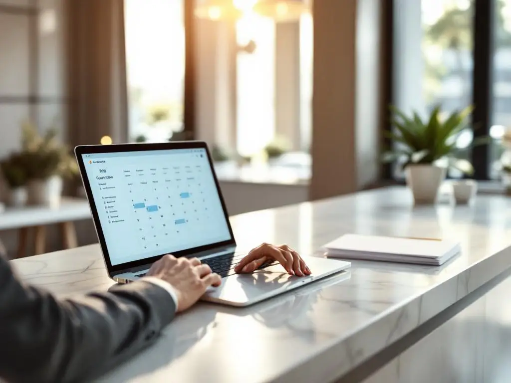 Hotel receptionist typing on laptop with booking calendar at marble front desk in elegant lobby