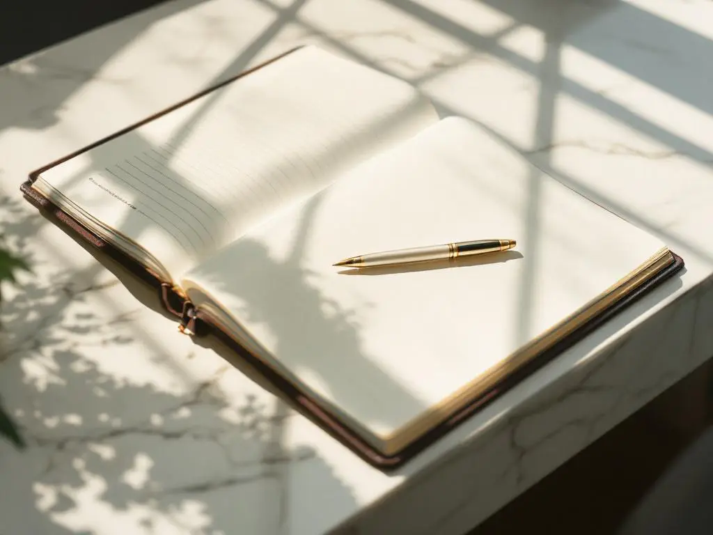 Hotel reception desk with open guest registry book, cultural accommodation forms, and elegant pen on white marble surface