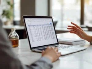 Hotel receptionist using laptop with spreadsheet data while taking phone call at marble front desk with brochures nearby.
