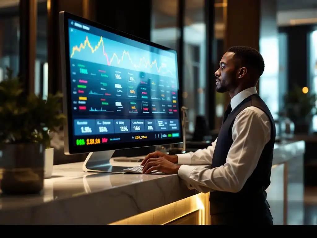 Hotel concierge adjusting room rates on computer monitor displaying colorful price charts at modern reception desk