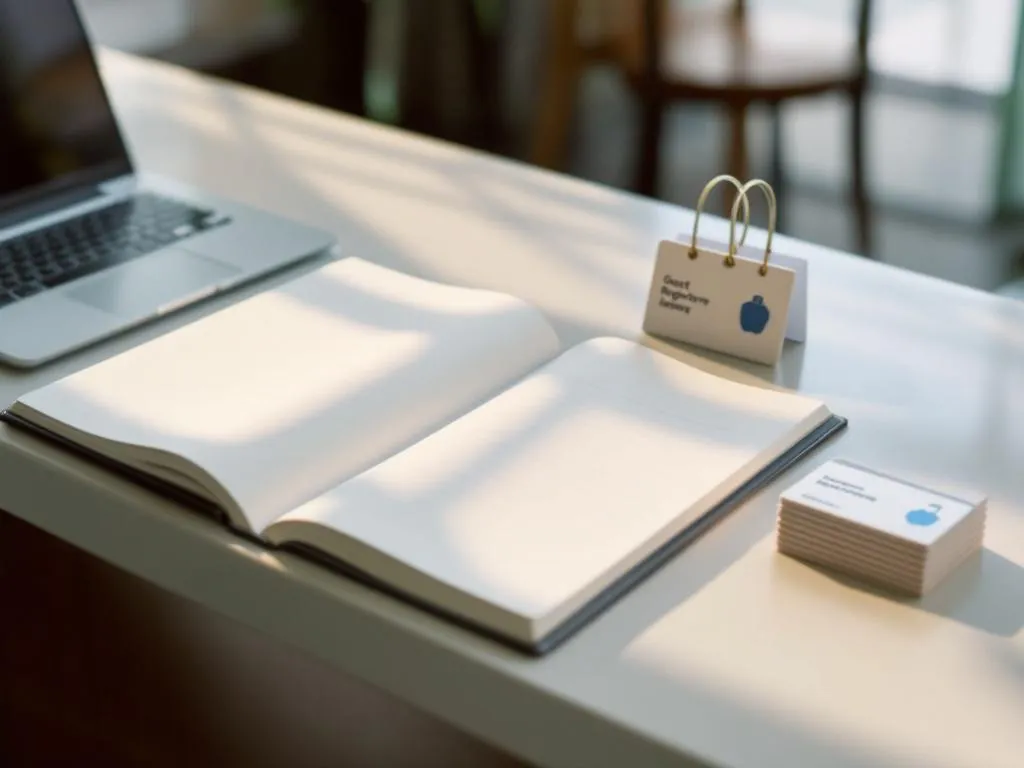 Hotel reception desk with open guest registry book, laptop, conference badges, and room key cards in natural lighting