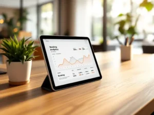 Modern hotel reception desk with tablet displaying booking analytics, potted plant, and natural lighting from windows.