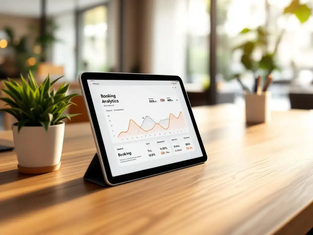 Modern hotel reception desk with tablet displaying booking analytics, potted plant, and natural lighting from windows.