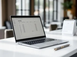 Laptop displaying hotel room booking spreadsheet on white reception desk with pen and calendar in professional lobby