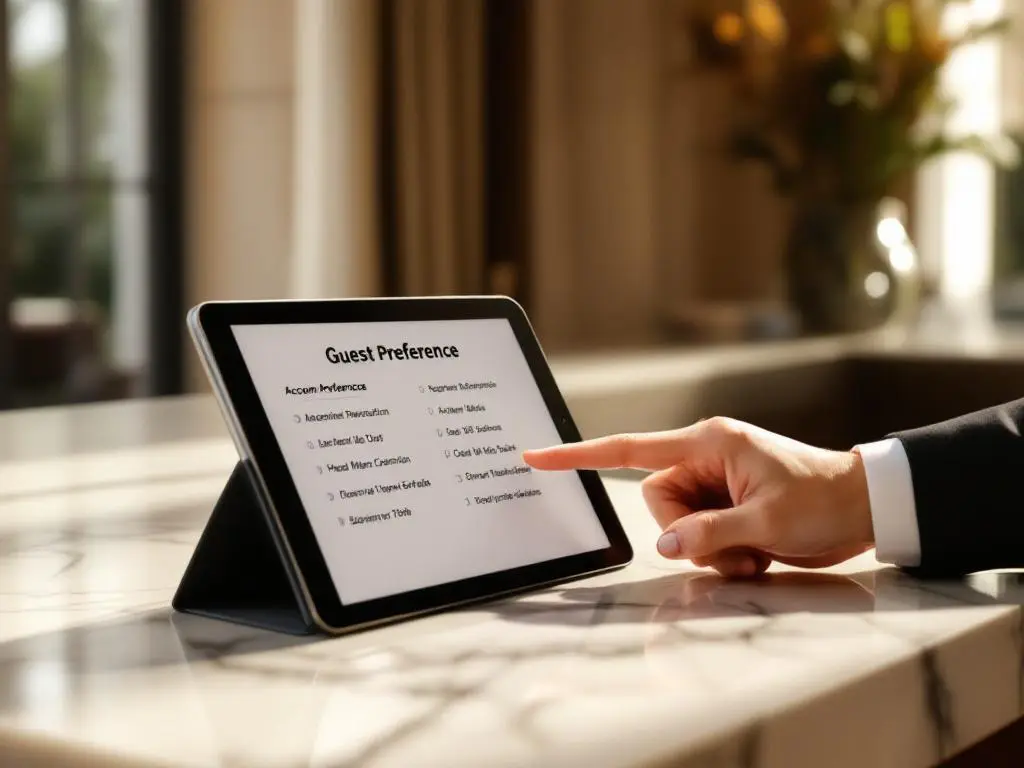 Concierge pointing to guest preference options on tablet at hotel reception desk with natural lighting