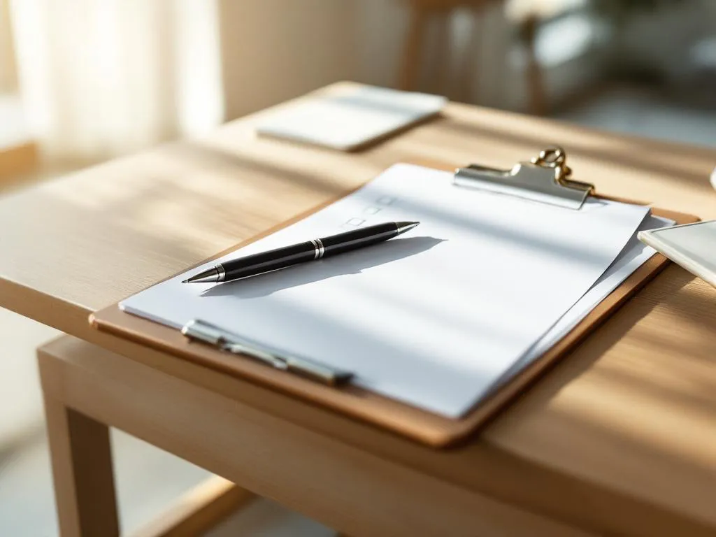 Hotel room checklist on clipboard with pen on wooden desk in bright, professional office setting