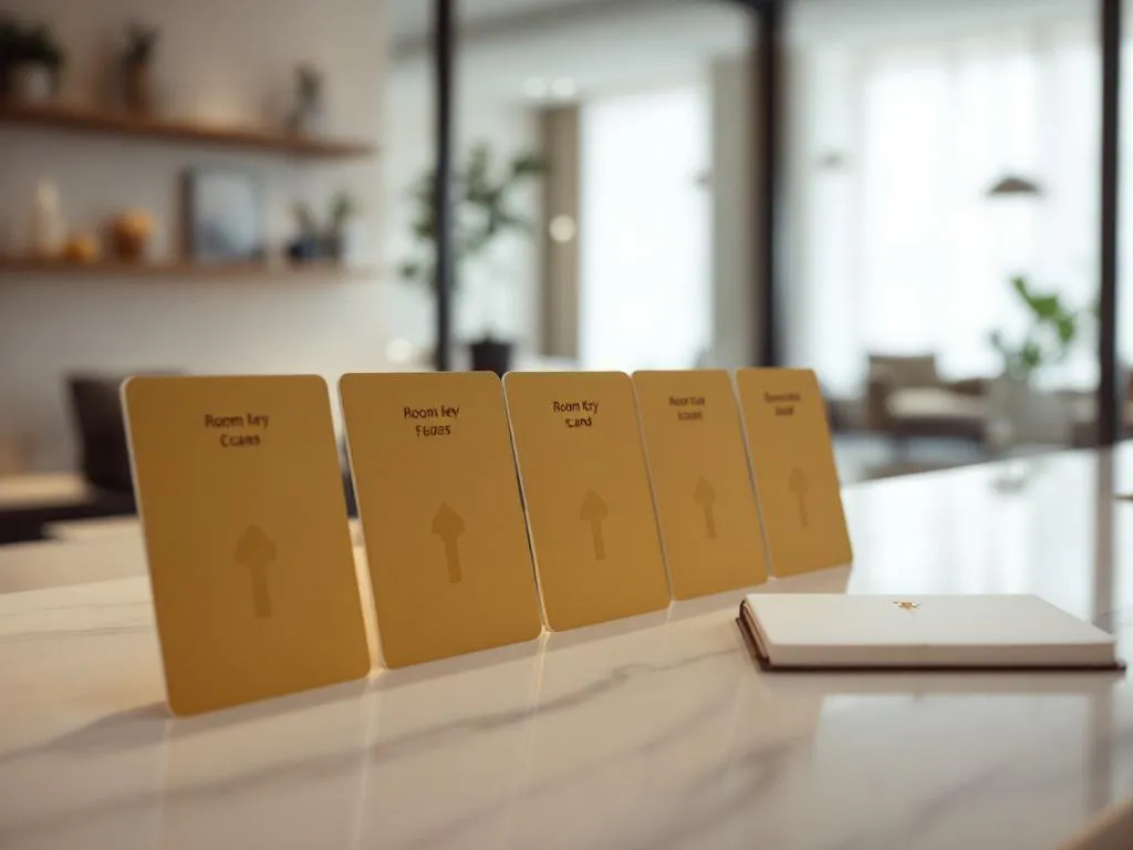 Five hotel room key cards arranged in a row on reception desk with open guest registry book in modern lobby