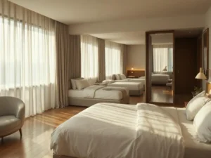 Spacious hotel room with king-size bed in foreground, twin beds in middle, and single bed by sunlit window with hardwood floors.