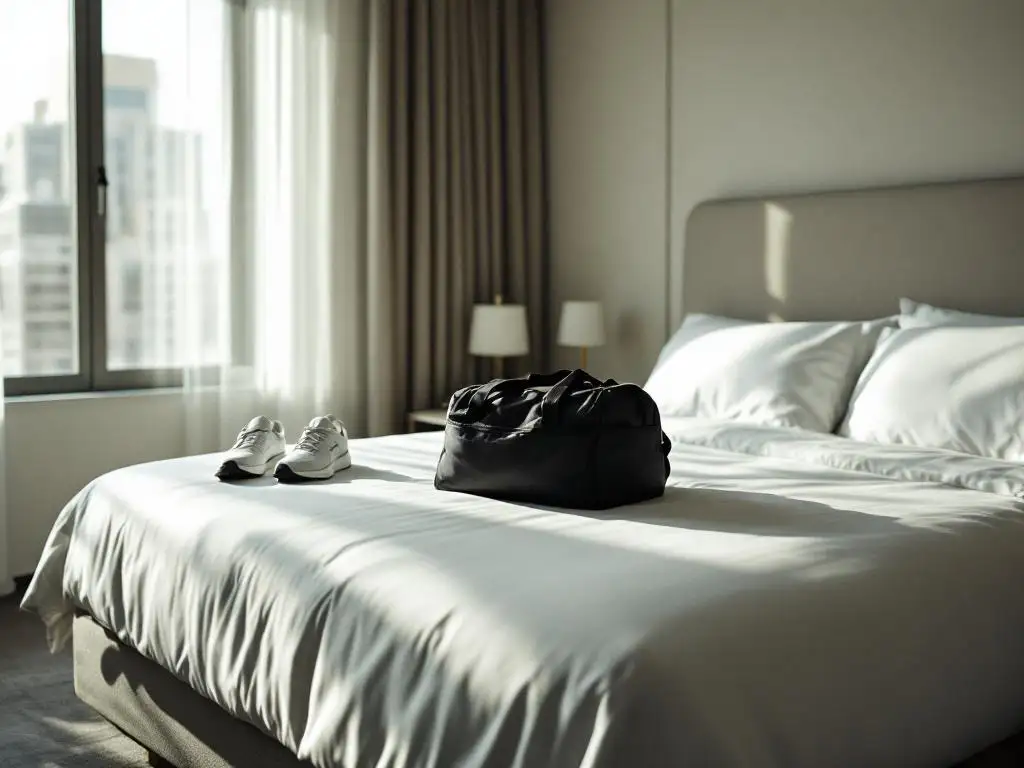 Sports duffel bag on hotel bed with running shoes nearby in bright, modern room with natural morning light