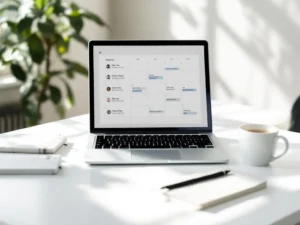 Laptop displaying calendar interface with highlighted event dates on clean white desk with notebook, pen, and coffee cup