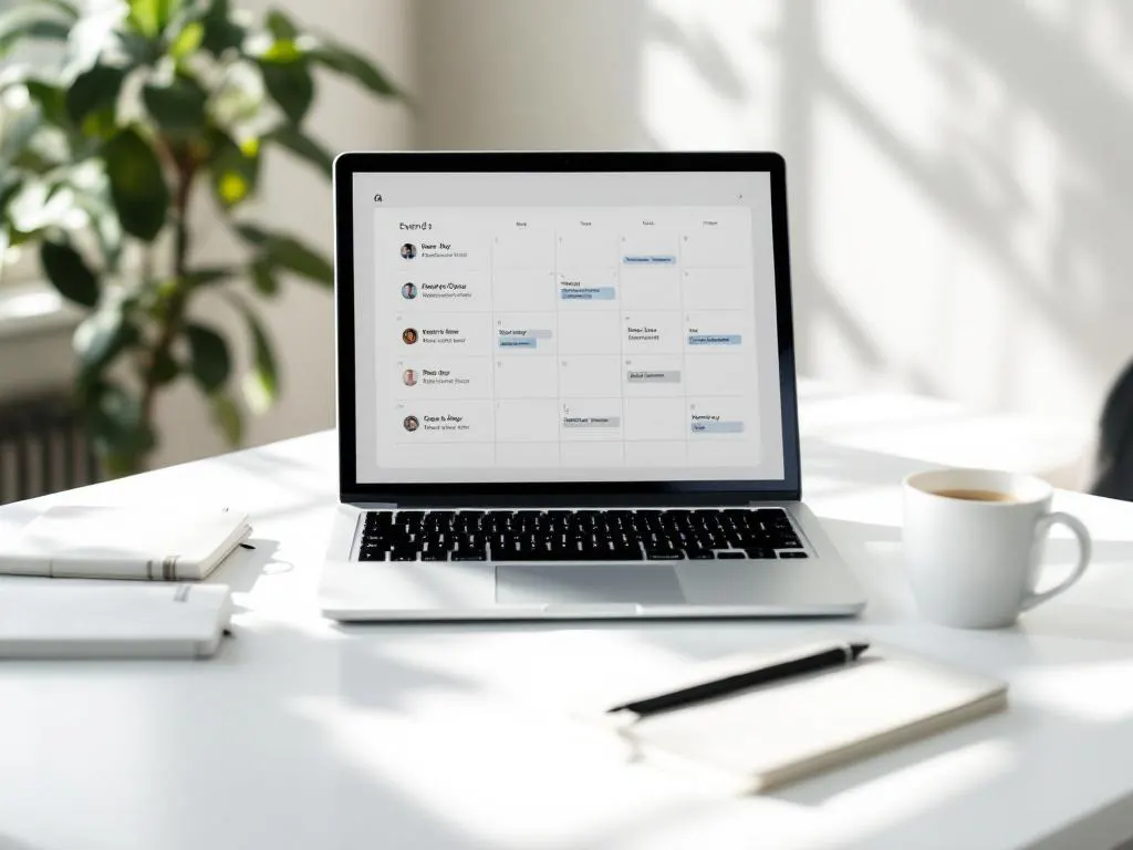 Laptop displaying calendar interface with highlighted event dates on clean white desk with notebook, pen, and coffee cup