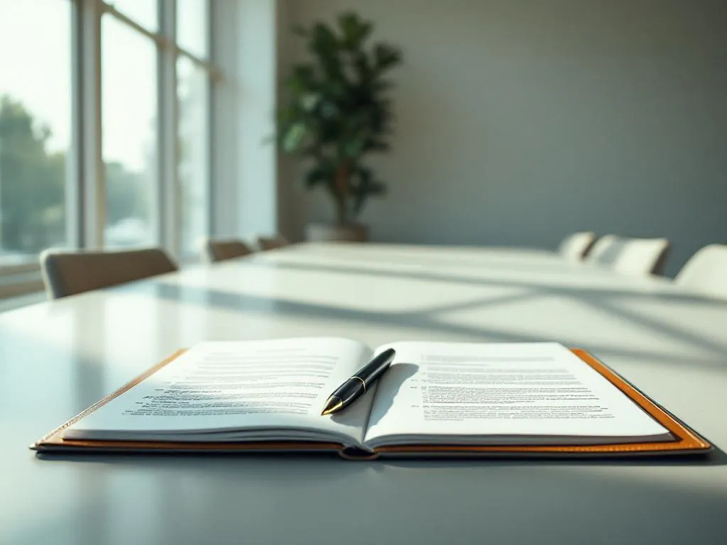 Open leather portfolio with organized legal documents and pen on modern conference table in bright office setting.