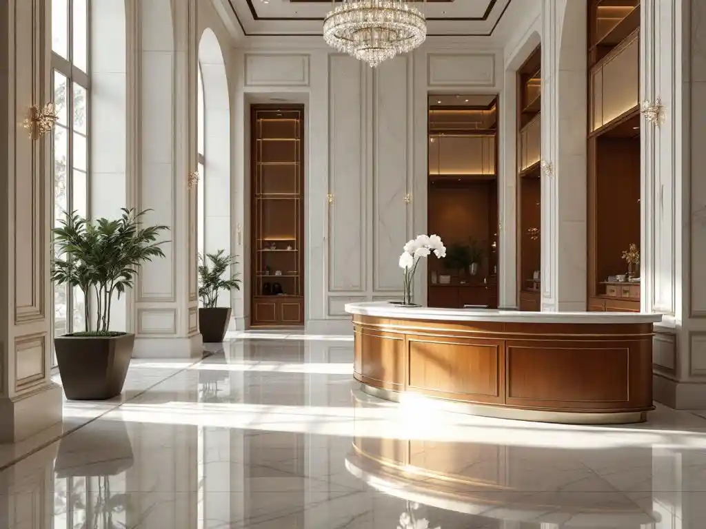 Luxury hotel lobby with white marble floors, crystal chandelier, mahogany concierge desk, and orchid in sunlit interior