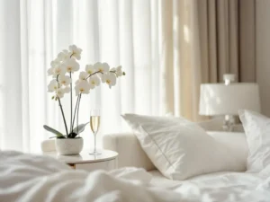 Luxury hotel suite with white linens, champagne glass on marble nightstand, and fresh orchids in natural light.