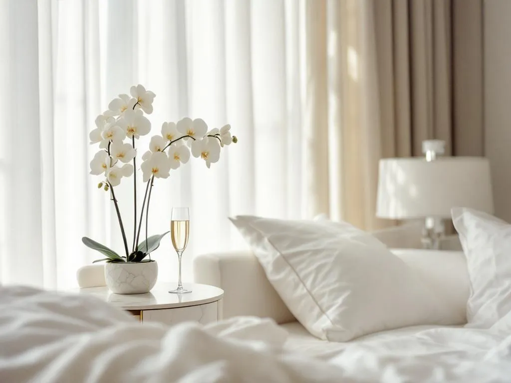 Luxury hotel suite with white linens, champagne glass on marble nightstand, and fresh orchids in natural light.