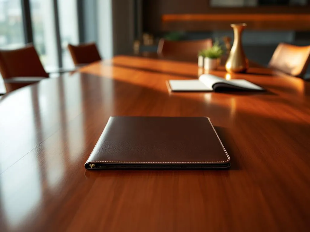 Mahogany conference table with leather portfolio, hotel keycard, and menu in bright modern boardroom with office chairs