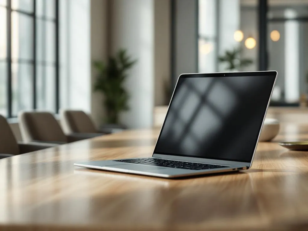 Laptop displaying virtual meeting interface on wooden conference table with empty chairs in modern office with natural lighting