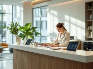 Professional concierge organizing room keys and tablets at modern hotel reception desk in minimalist lobby with natural lighting