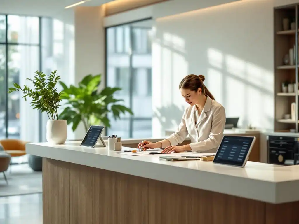 Professional concierge organizing room keys and tablets at modern hotel reception desk in minimalist lobby with natural lighting