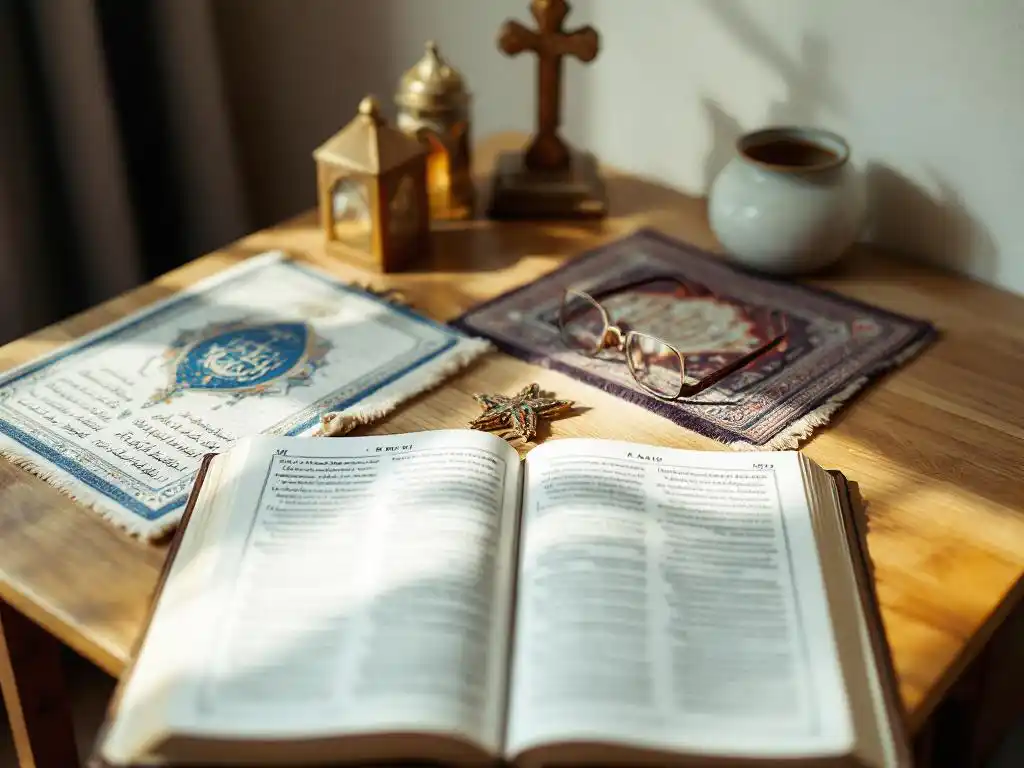 Wooden table with religious items from different faiths, open prayer book, prayer rug, and reading glasses in natural light.