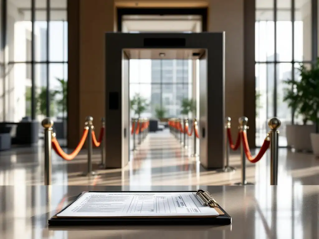 Professional security checkpoint with metal detector archway and velvet rope barriers in modern conference center
